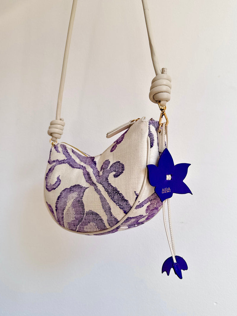 Aiko Bag: Fuji - White and Purple from Woven Japanese Obi Sash with White Leather Strap