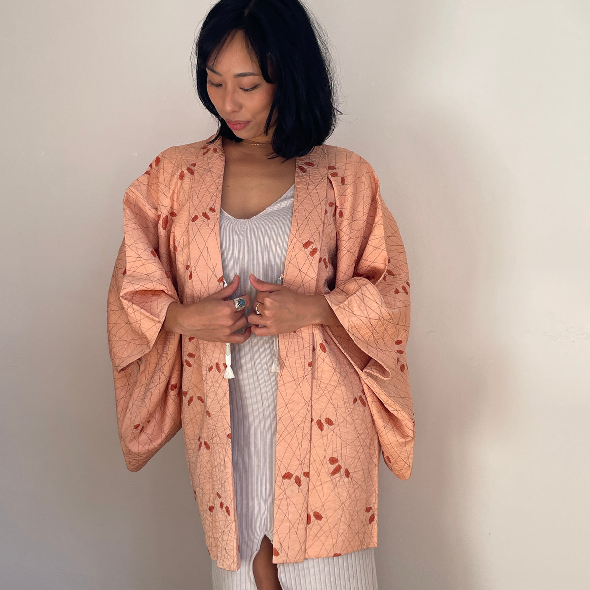 Haori Peach Pink with Shibori Leaves in Silk