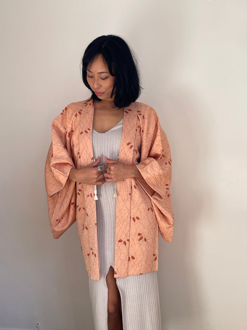 Haori Peach Pink with Shibori Leaves in Silk