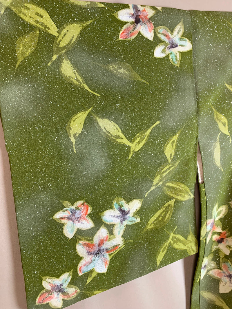 Haori Hand Painted Flowers in Green silk - SKU