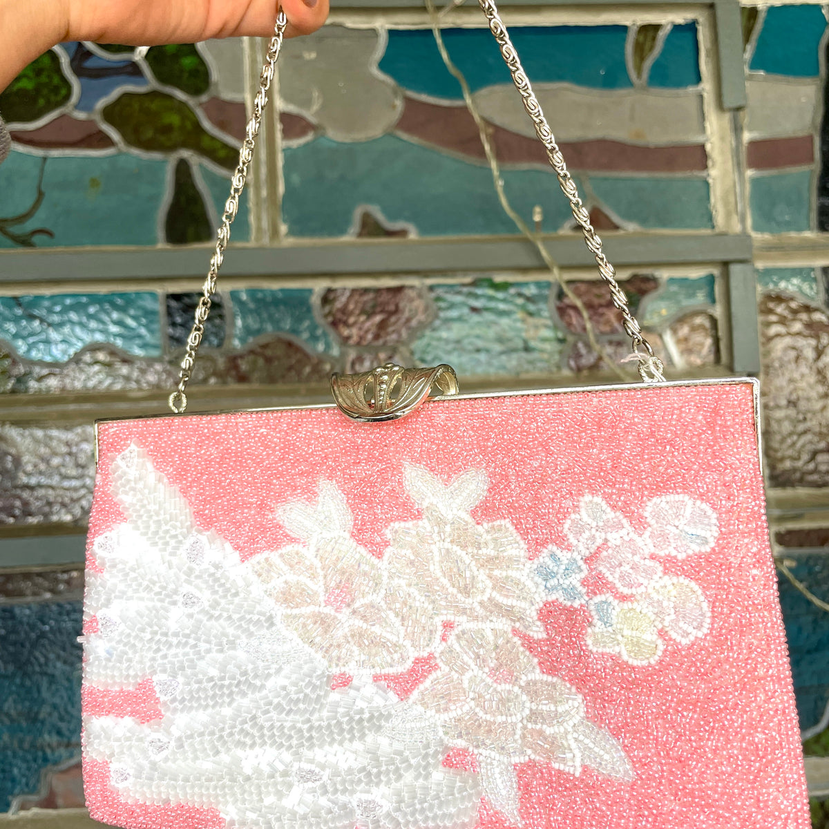 Beaded Bag Pink with white Flowers