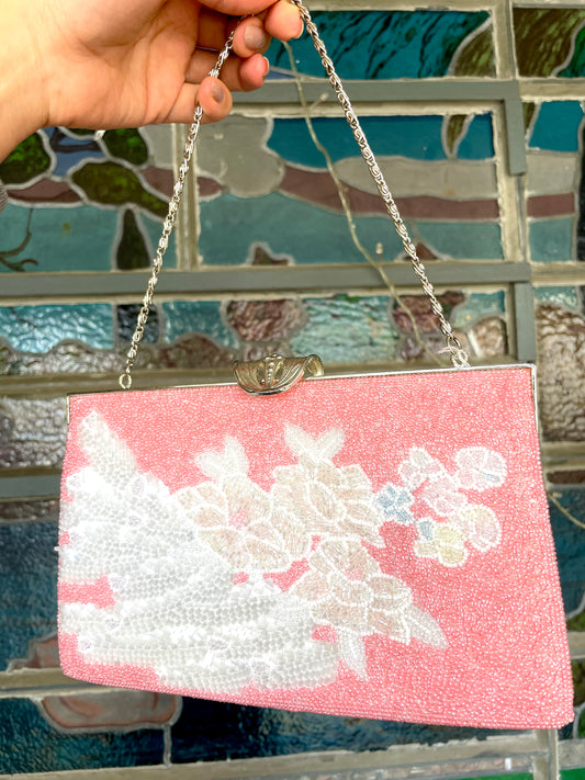 Beaded Bag Pink with white Flowers