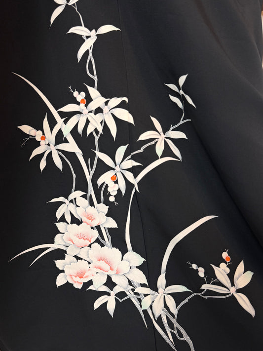 Haori Black Ikebana Flowers in Silk