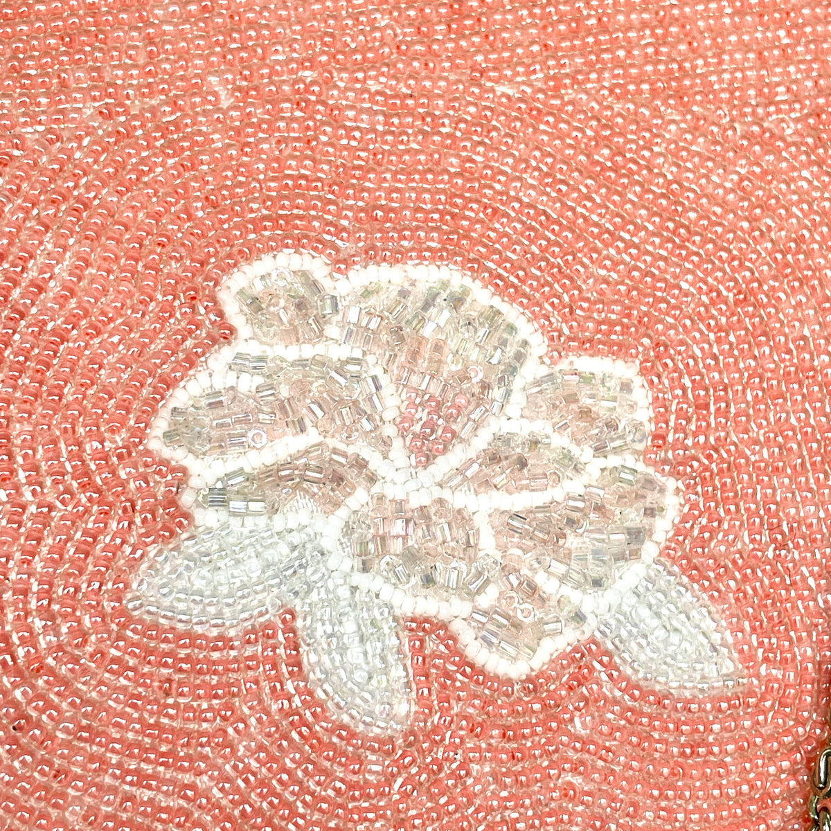 Beaded Bag Pink with white Flowers