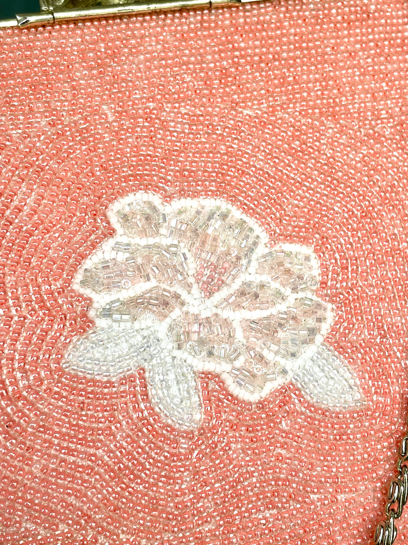 Beaded Bag Pink with white Flowers