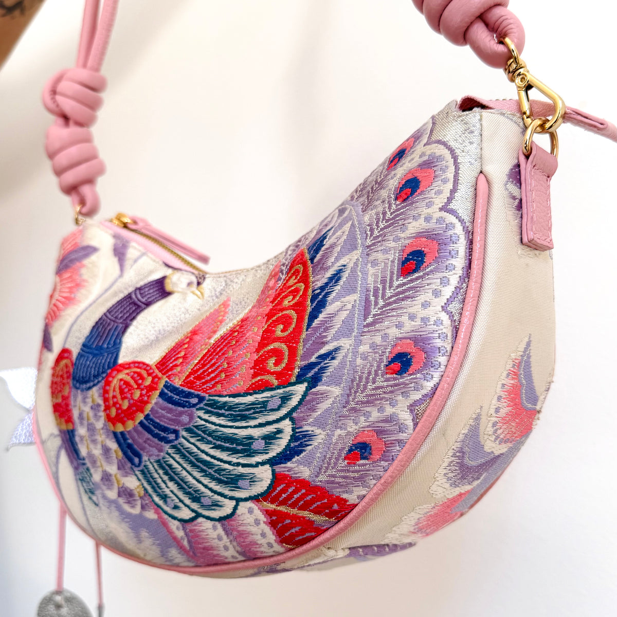 Aiko Bag: Metallic Pink and Blue Peacock and Flowers from Embroidered Obi Sash with Pink Leather Strap