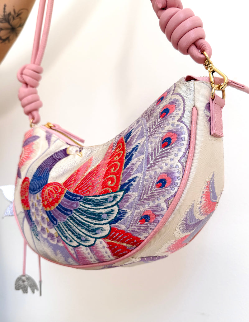 Aiko Bag: Metallic Pink and Blue Peacock and Flowers from Embroidered Obi Sash with Pink Leather Strap