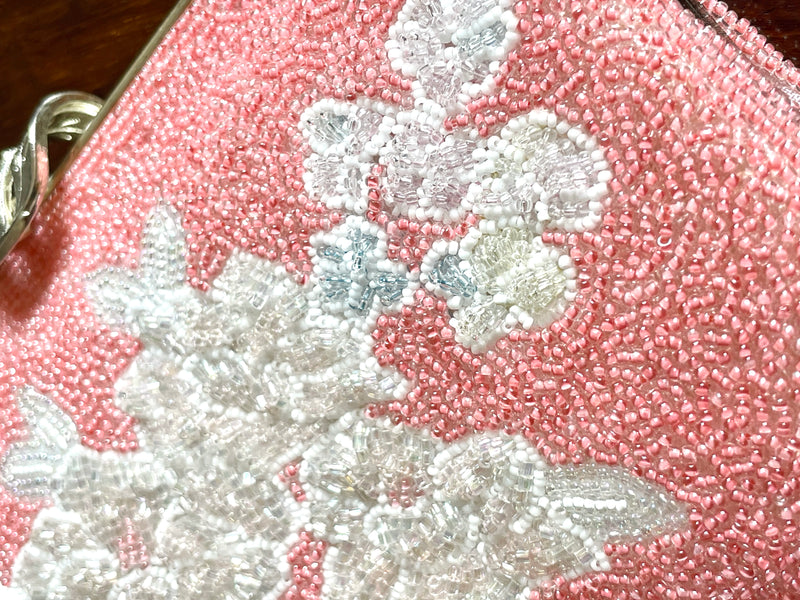 Beaded Bag Pink with white Flowers