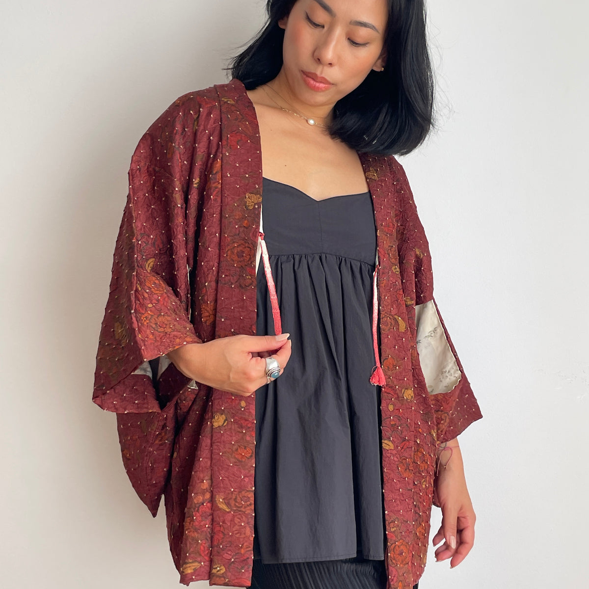 Haori Dark Burgundy in Shibori with Tsujihagana Style Flowers
