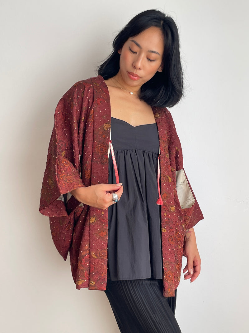 Haori Dark Burgundy in Shibori with Tsujihagana Style Flowers