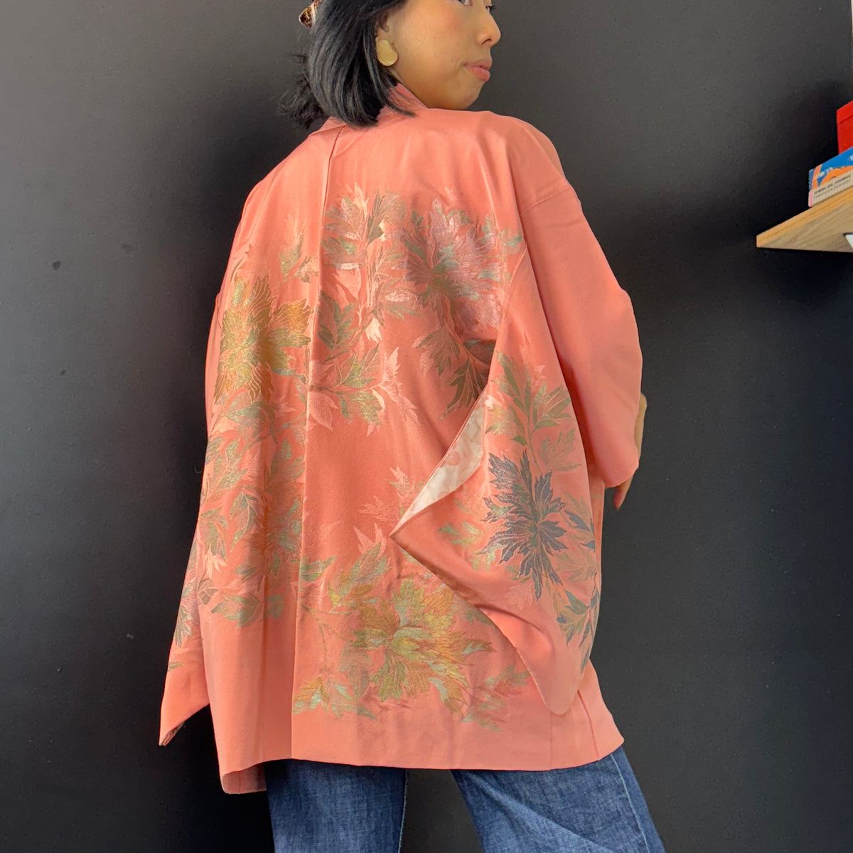 Haori Pink with Metallic Flowers Embroidered in Silk Crepe