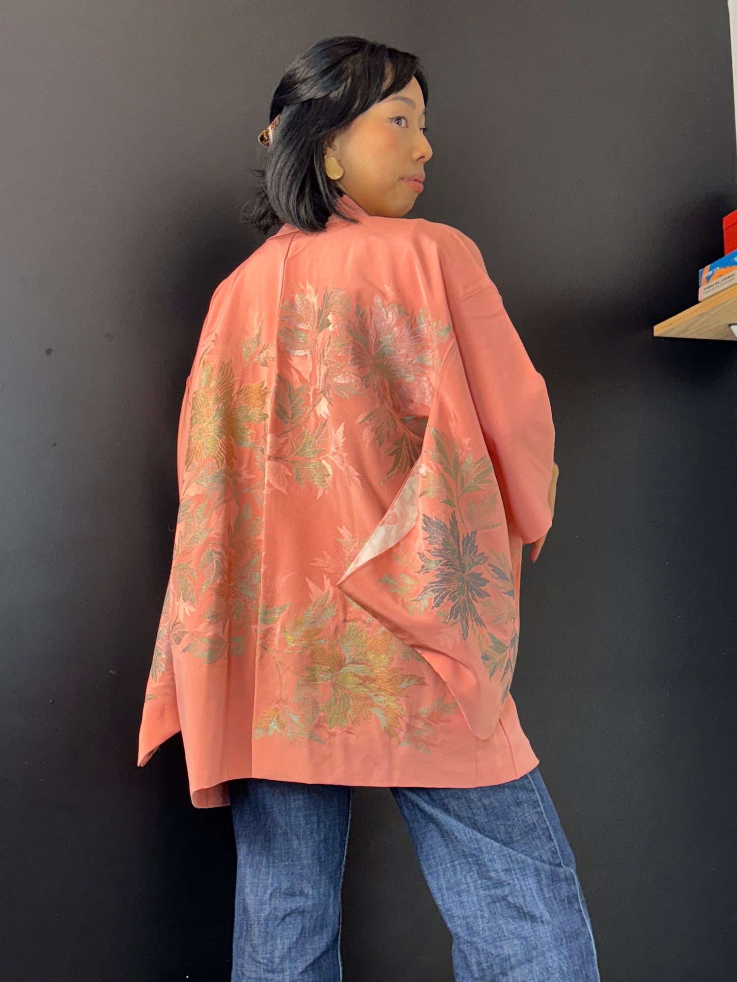 Haori Pink with Metallic Flowers Embroidered in Silk Crepe
