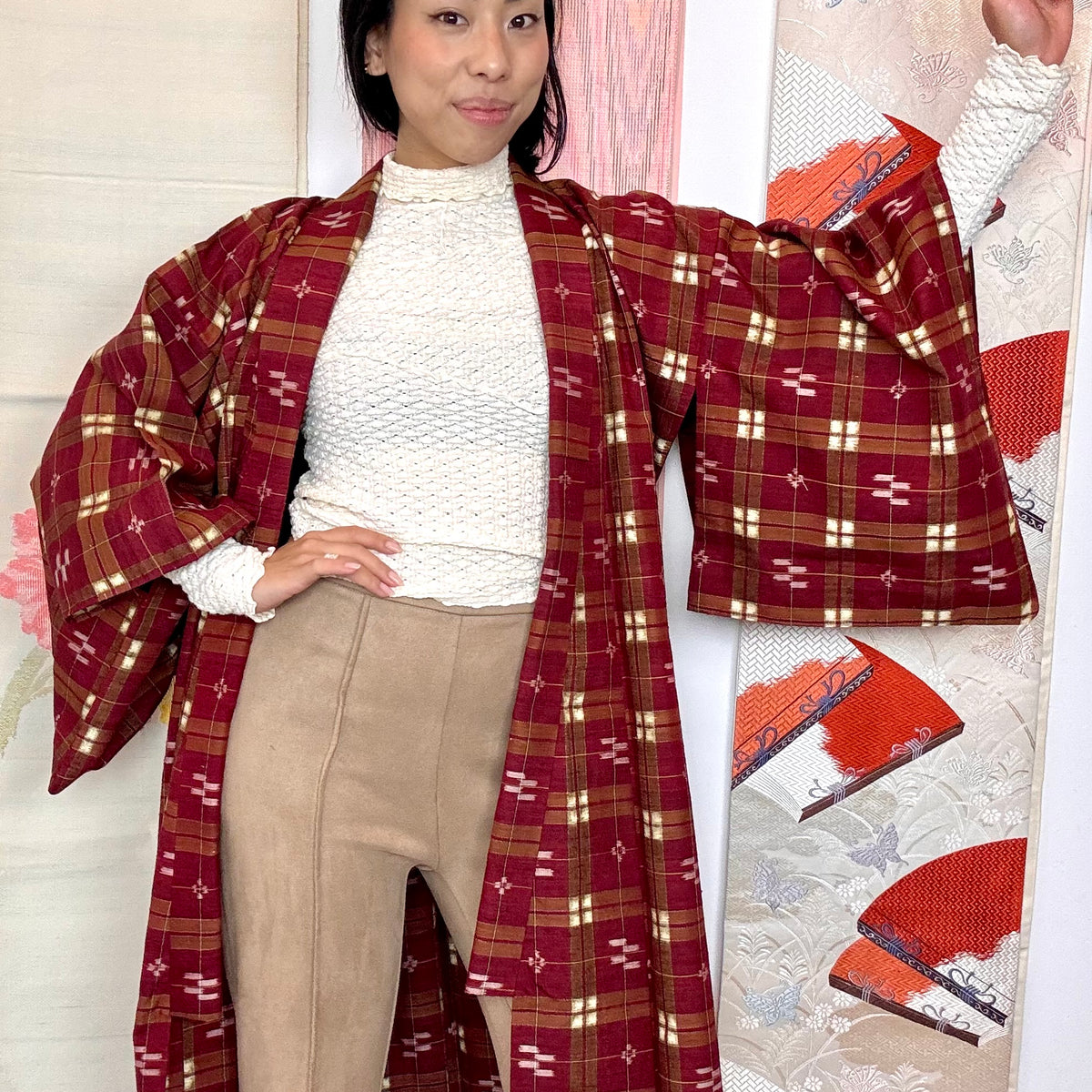 Kimono Plaid Wine Red in Tsumugi Technique Silk