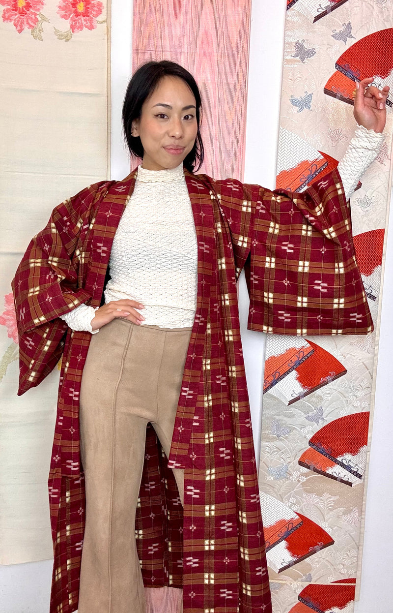 Kimono Plaid Wine Red in Tsumugi Technique Silk