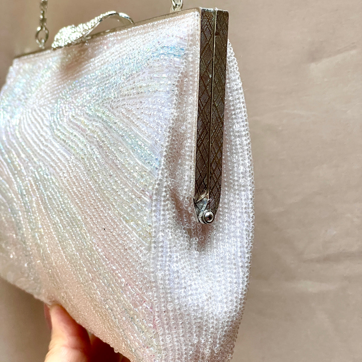 Beaded Handbag Pale Pink with Embroidered Colorful Waves