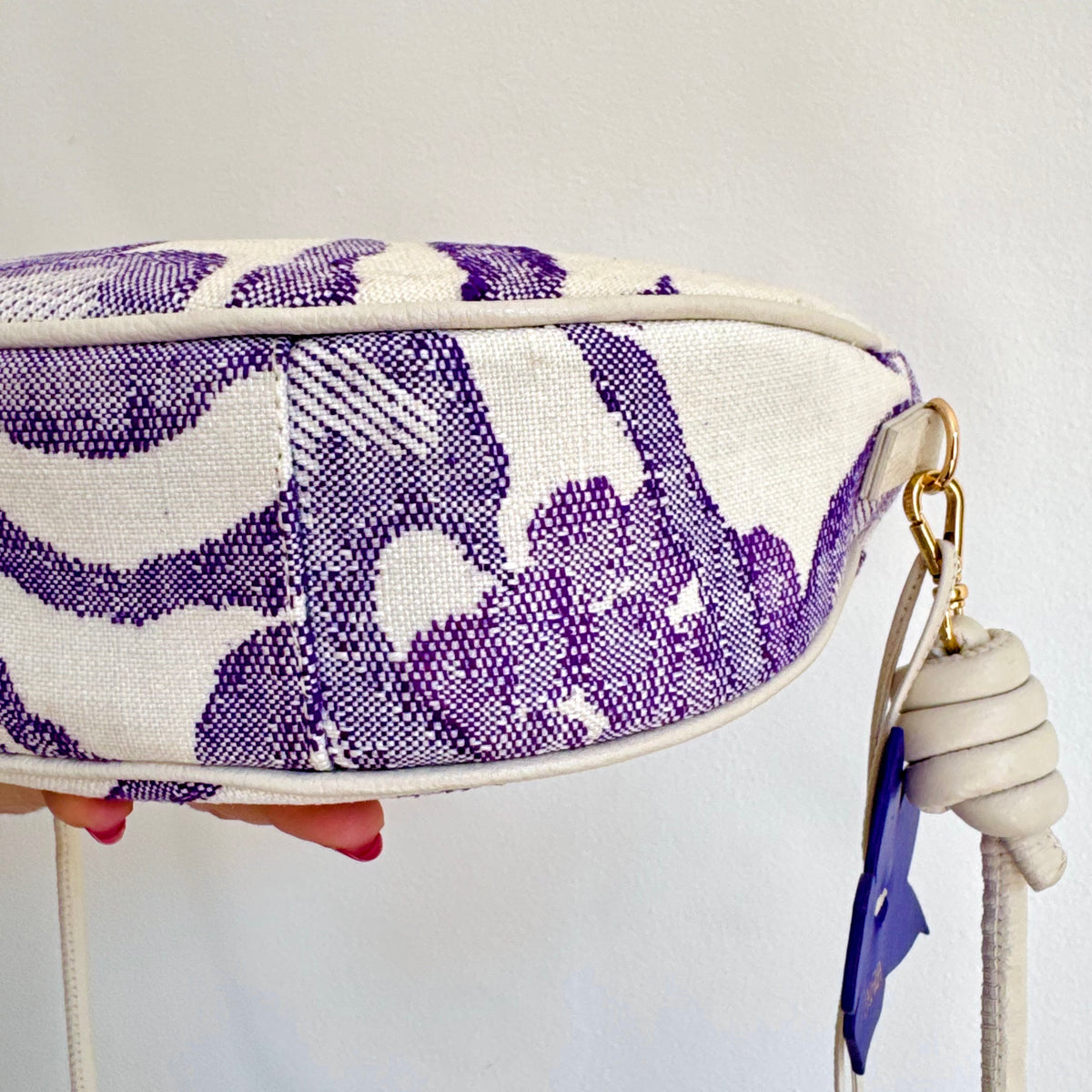 Aiko Bag: Fuji - White and Purple from Woven Japanese Obi Sash with White Leather Strap