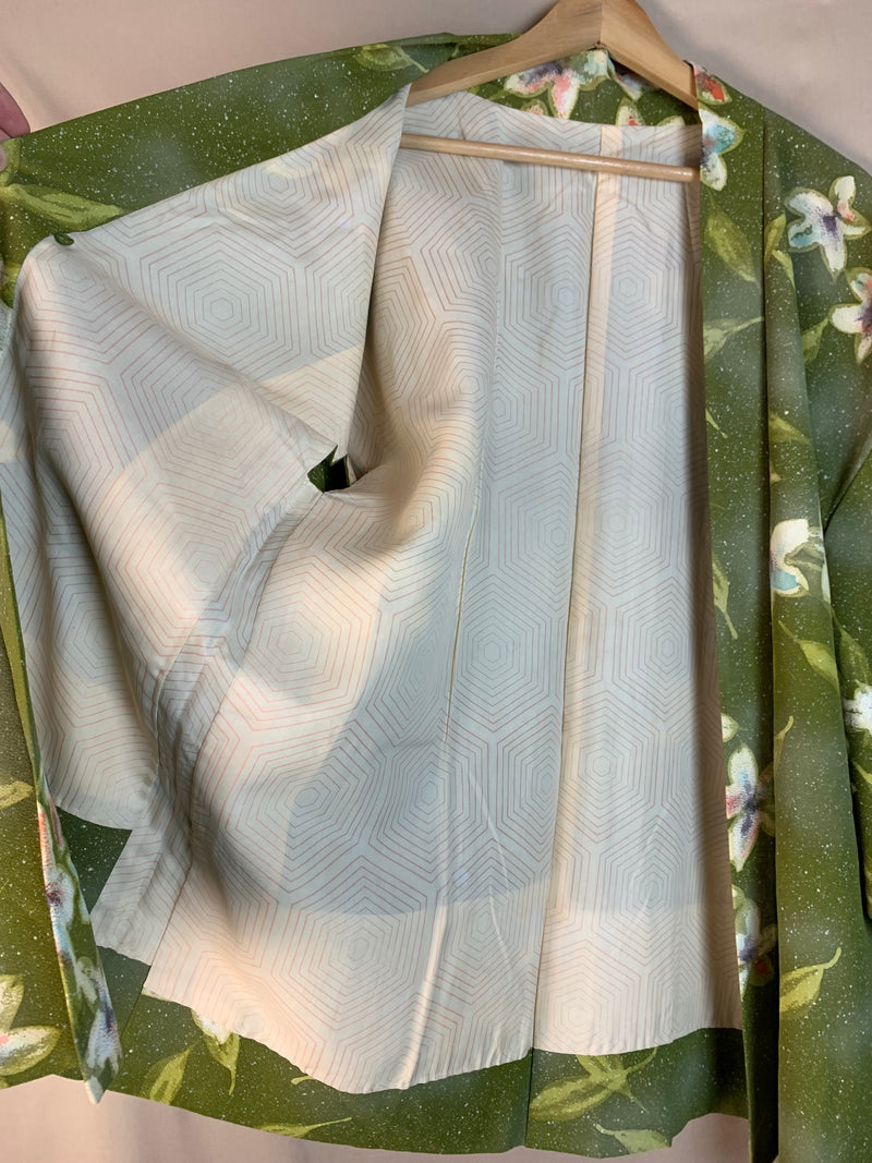 Haori Hand Painted Flowers in Green silk - SKU