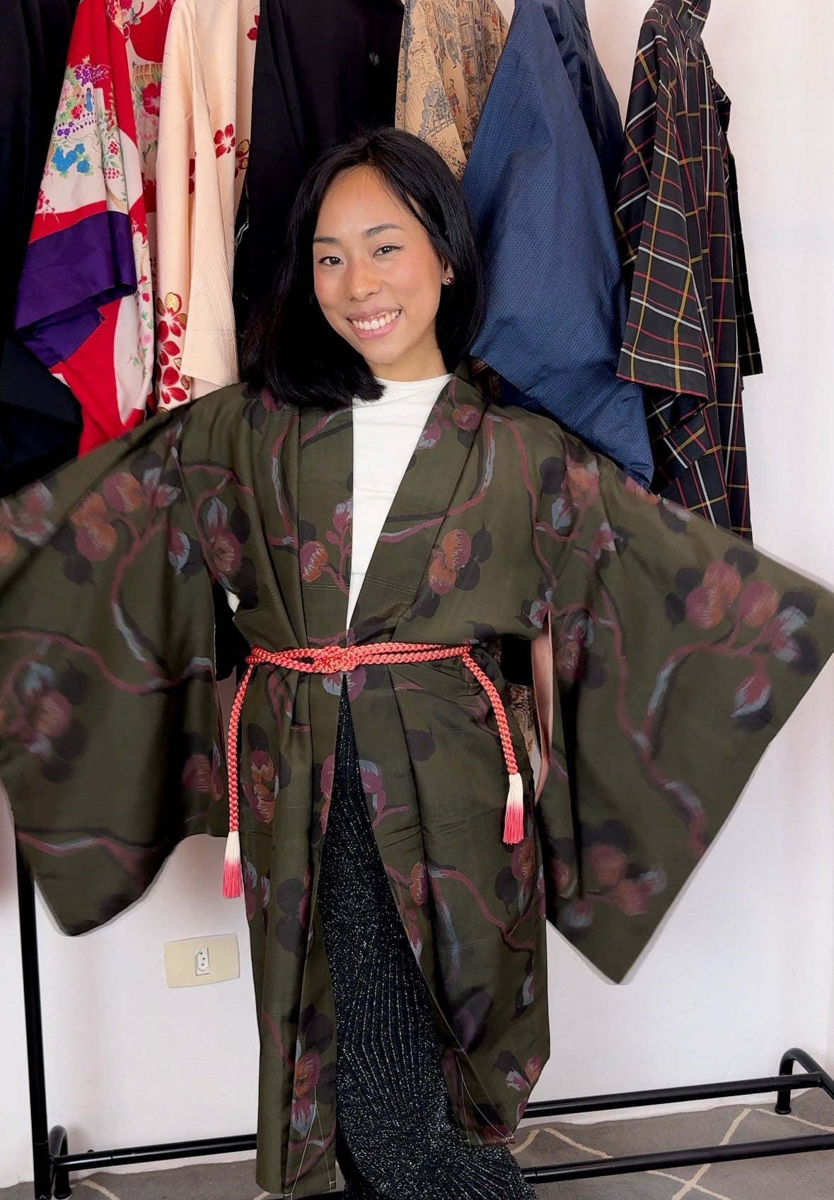Haori Vintage Olive Green with Fruits and Painted Interior in Silk