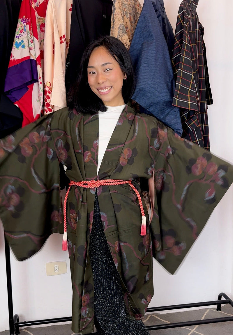 Haori Vintage Olive Green with Fruits and Painted Interior in Silk