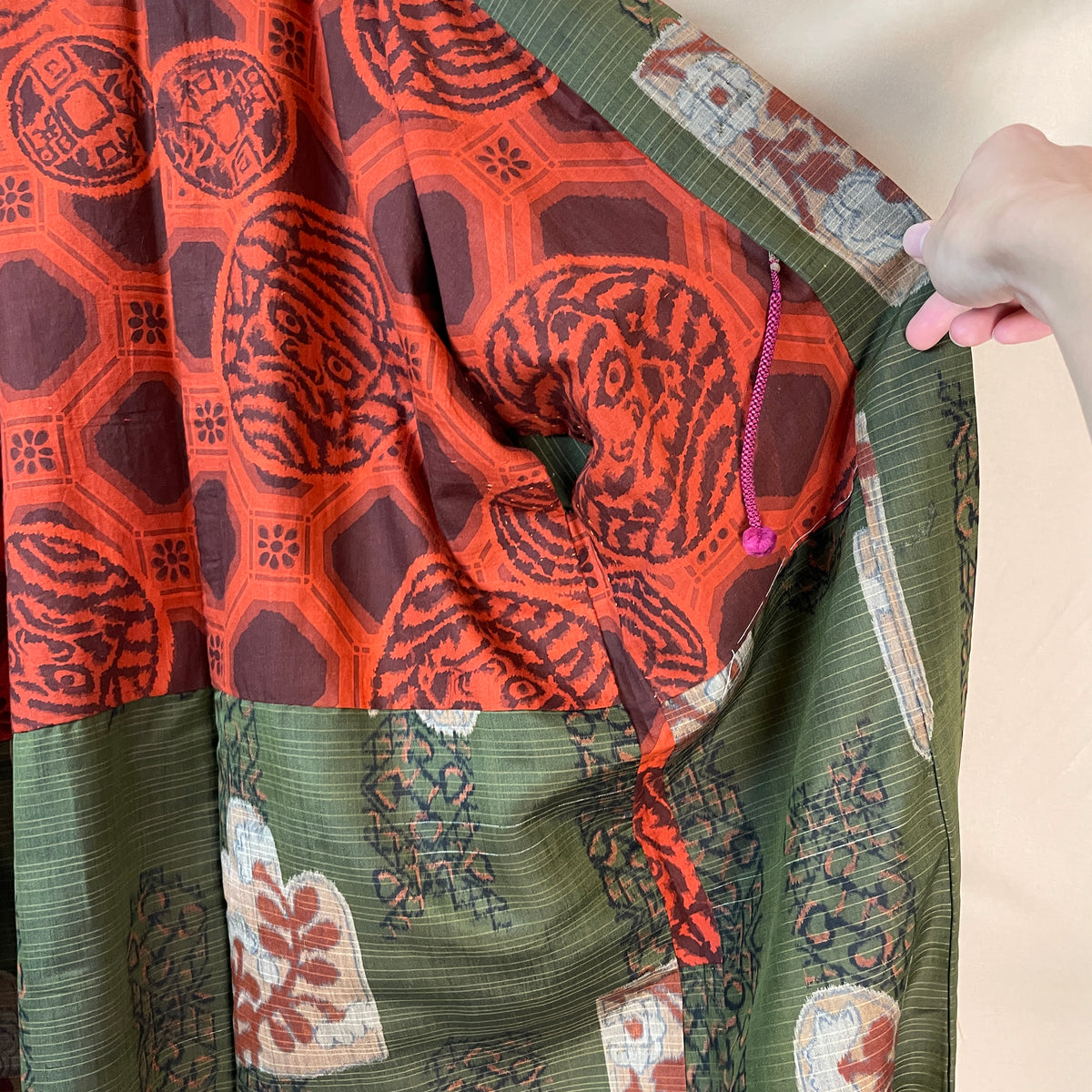 Haori Meisen Moss Green with Daruma Red Interior in Silk