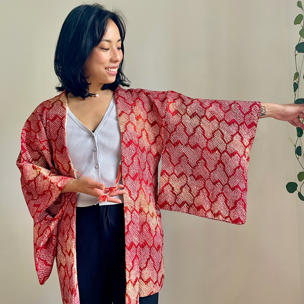Haori Red Crayon Shibori Technique Geometric in Silk