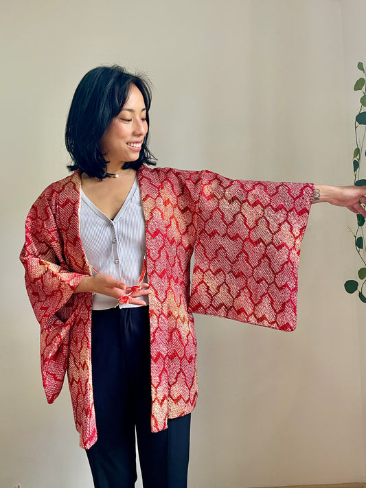 Haori Red Crayon Shibori Technique Geometric in Silk