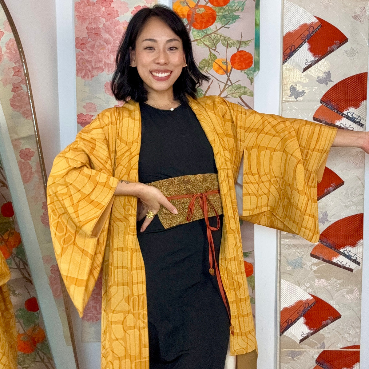 Kimono Mustard Yellow Lines and Forms in Silk with Belt
