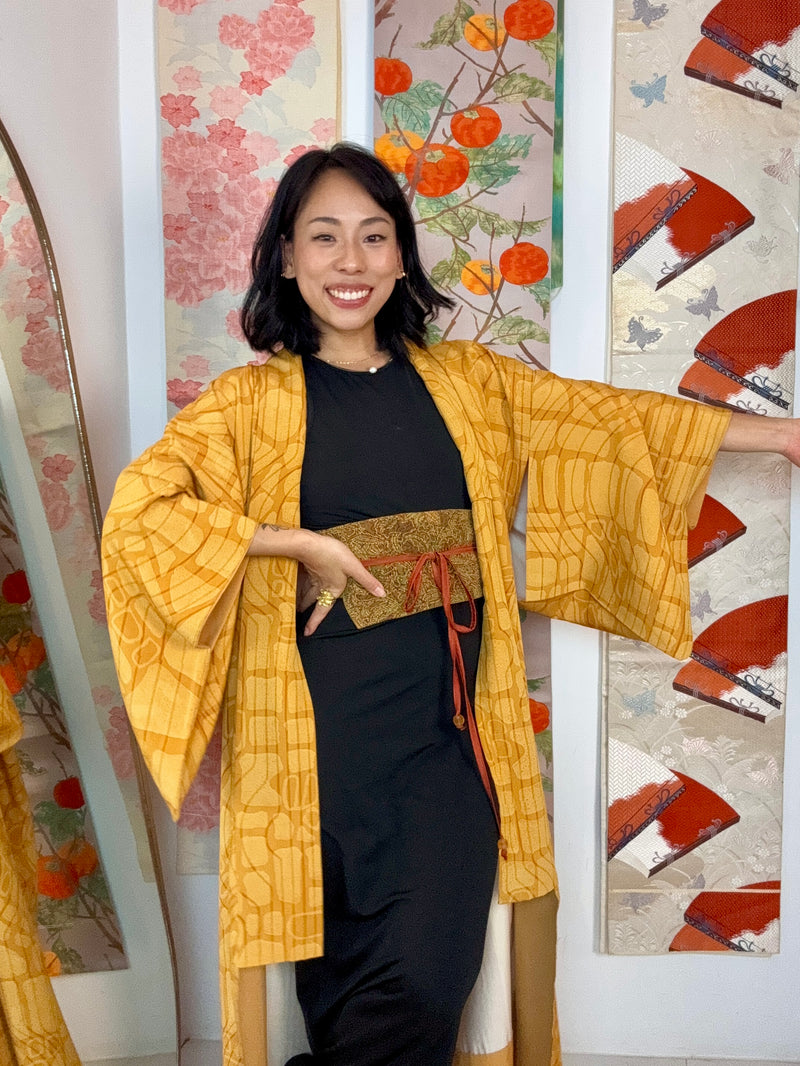 Kimono Mustard Yellow Lines and Forms in Silk with Belt