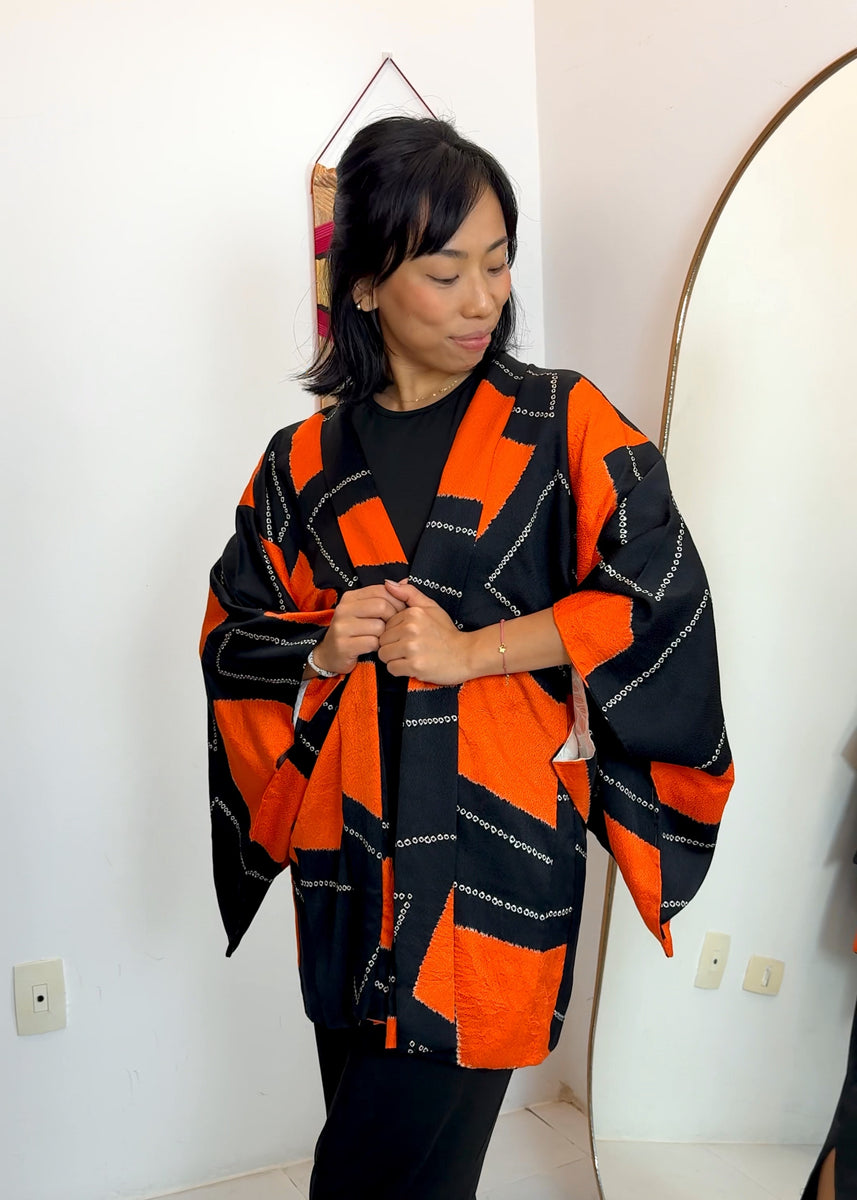 Haori Jacket in Black and Orange in Shibori Silk