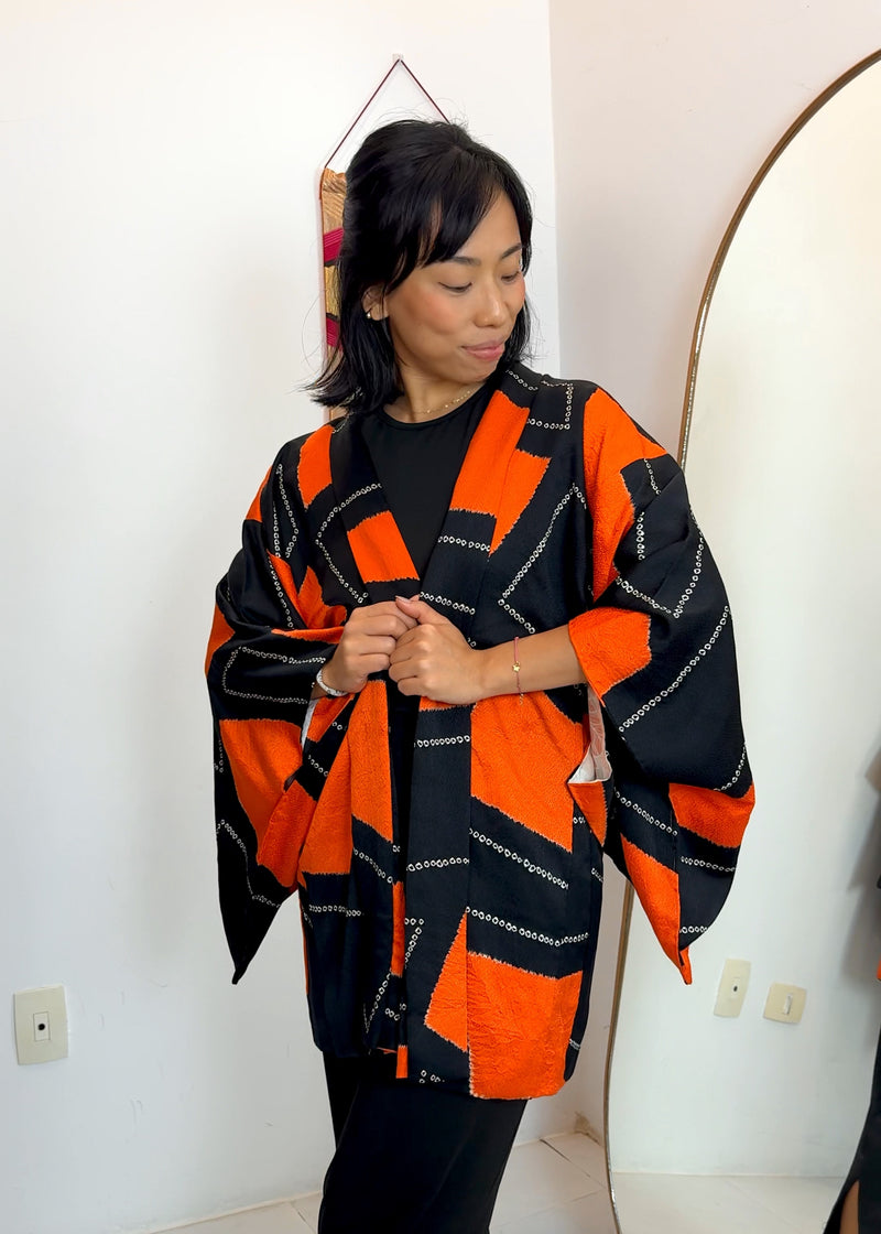 Haori Jacket in Black and Orange in Shibori Silk