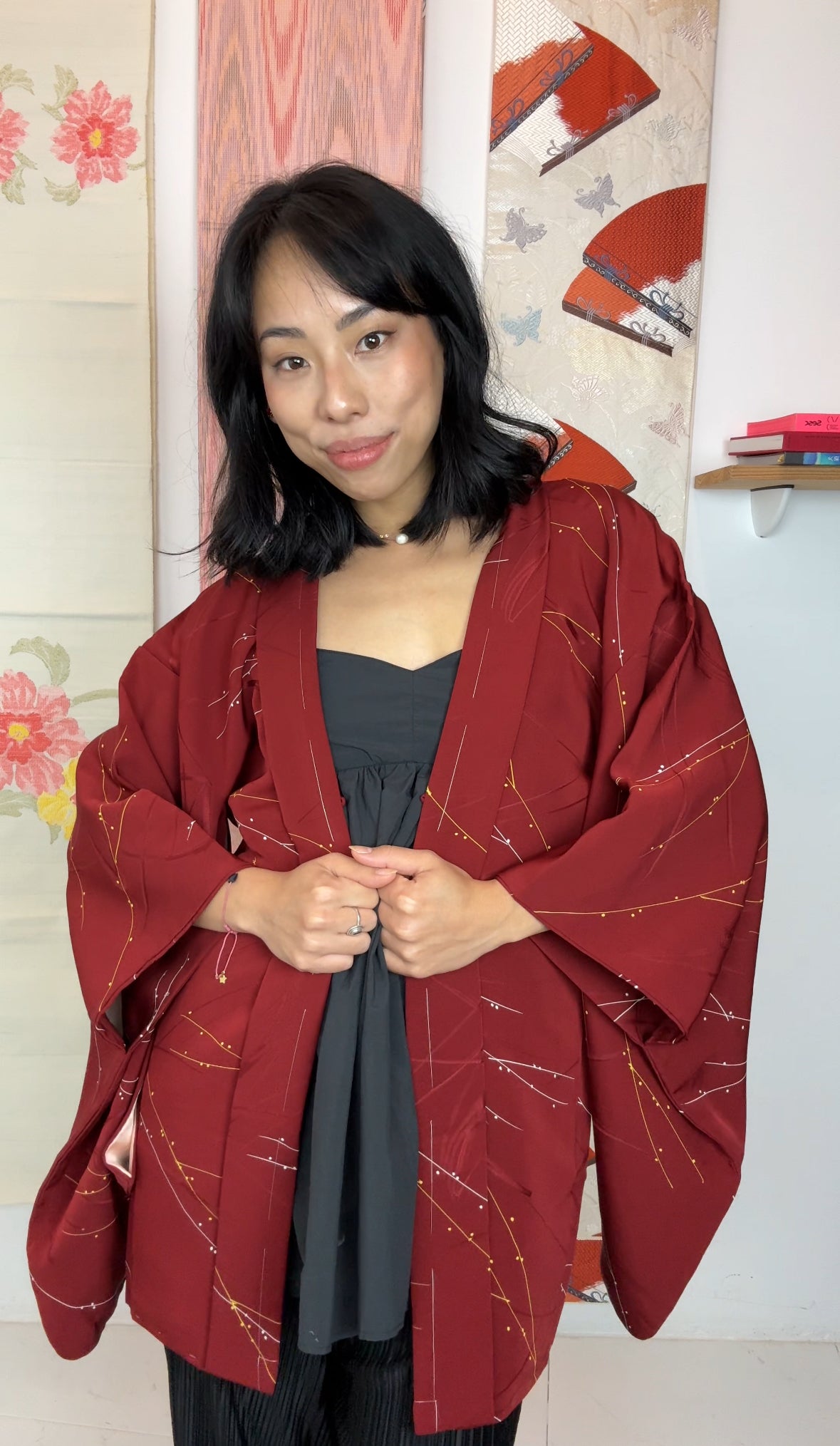 Haori Deep Red with Branches and Embroidered Silk