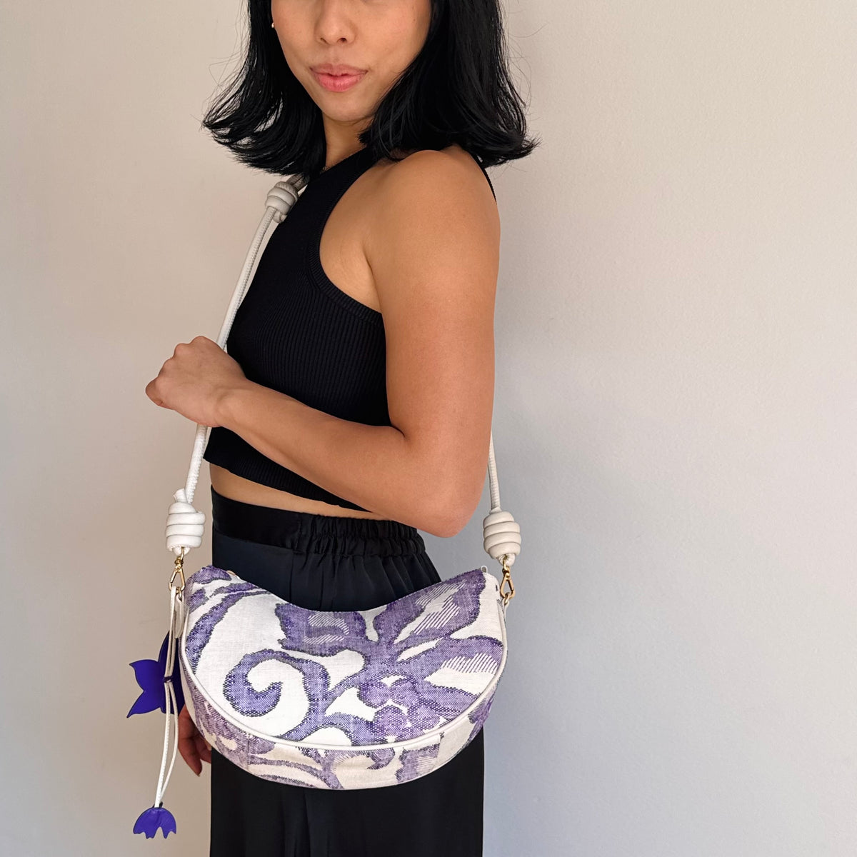 Aiko Bag: Fuji - White and Purple from Woven Japanese Obi Sash with White Leather Strap