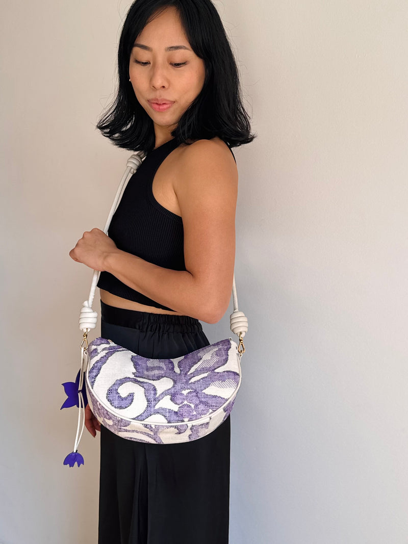 Aiko Bag: Fuji - White and Purple from Woven Japanese Obi Sash with White Leather Strap