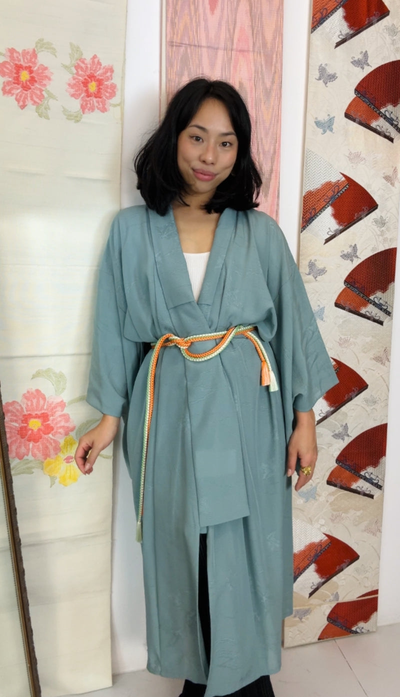 Kimono Summer Sheer with Leaves Blue in Silk