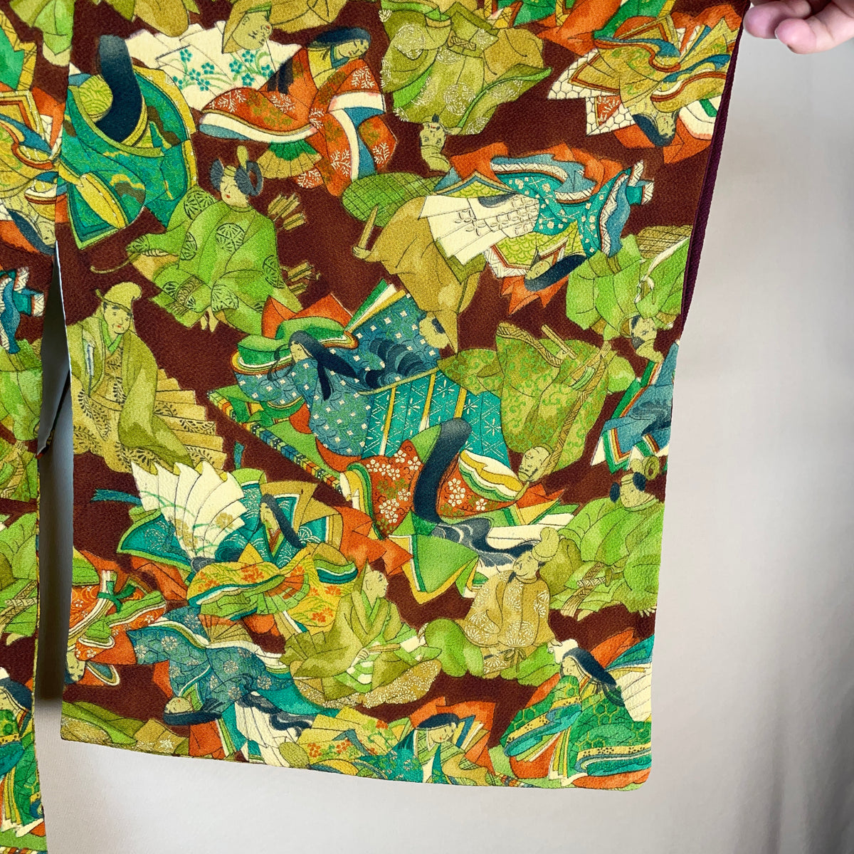 Kimono Dark Brown with Green Pattern of People in Kimono