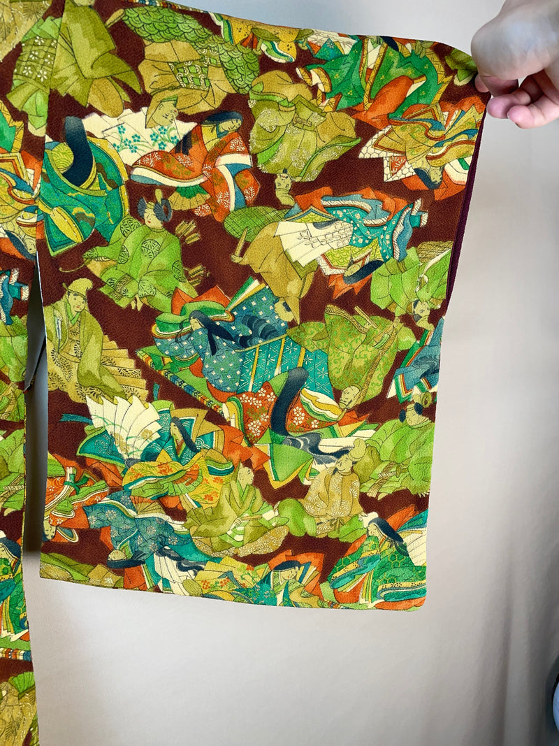 Kimono Dark Brown with Green Pattern of People in Kimono