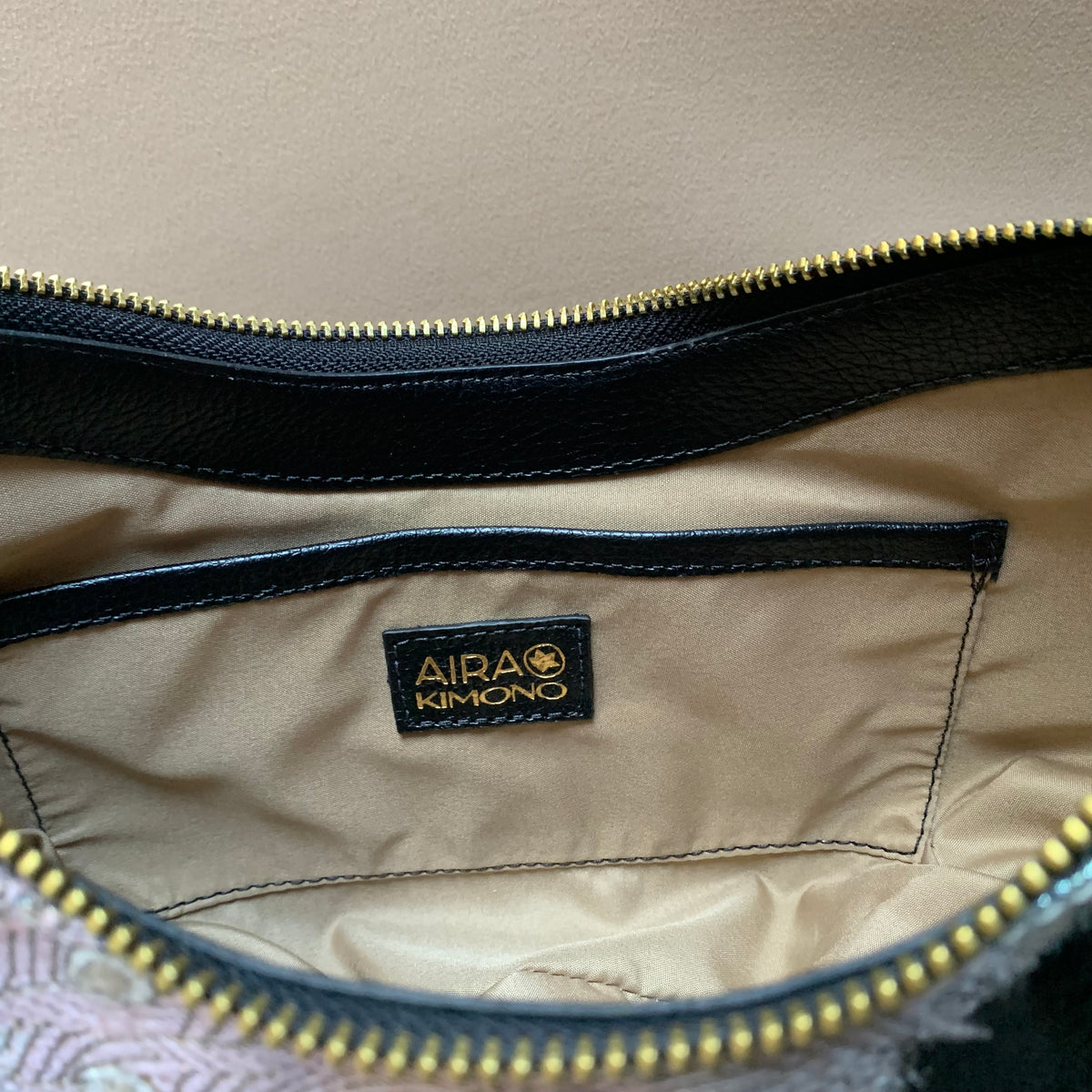 Aiko Bag: Black Metallic Black Peacock from Embroidered Obi Sash with Black Leather Strap