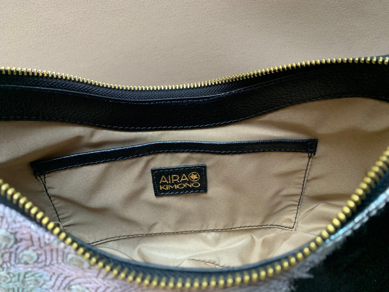 Aiko Bag: Black Metallic Black Peacock from Embroidered Obi Sash with Black Leather Strap
