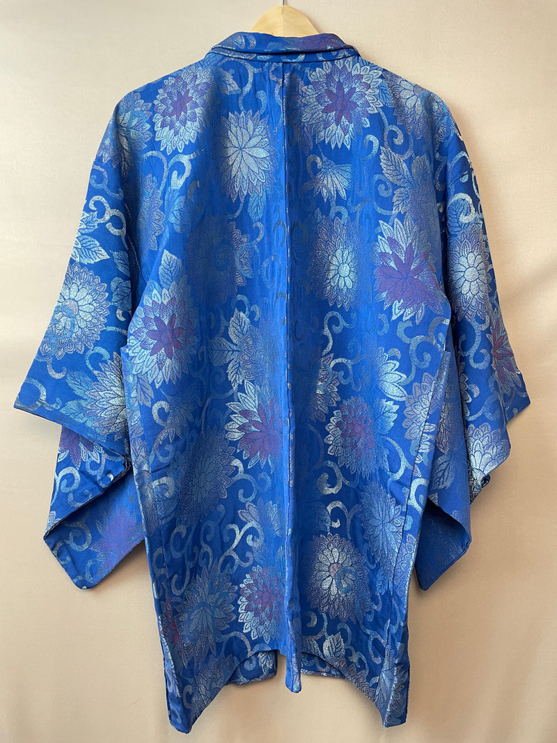 Haori Blue Jacquard with Embroidered Metallic Flowers