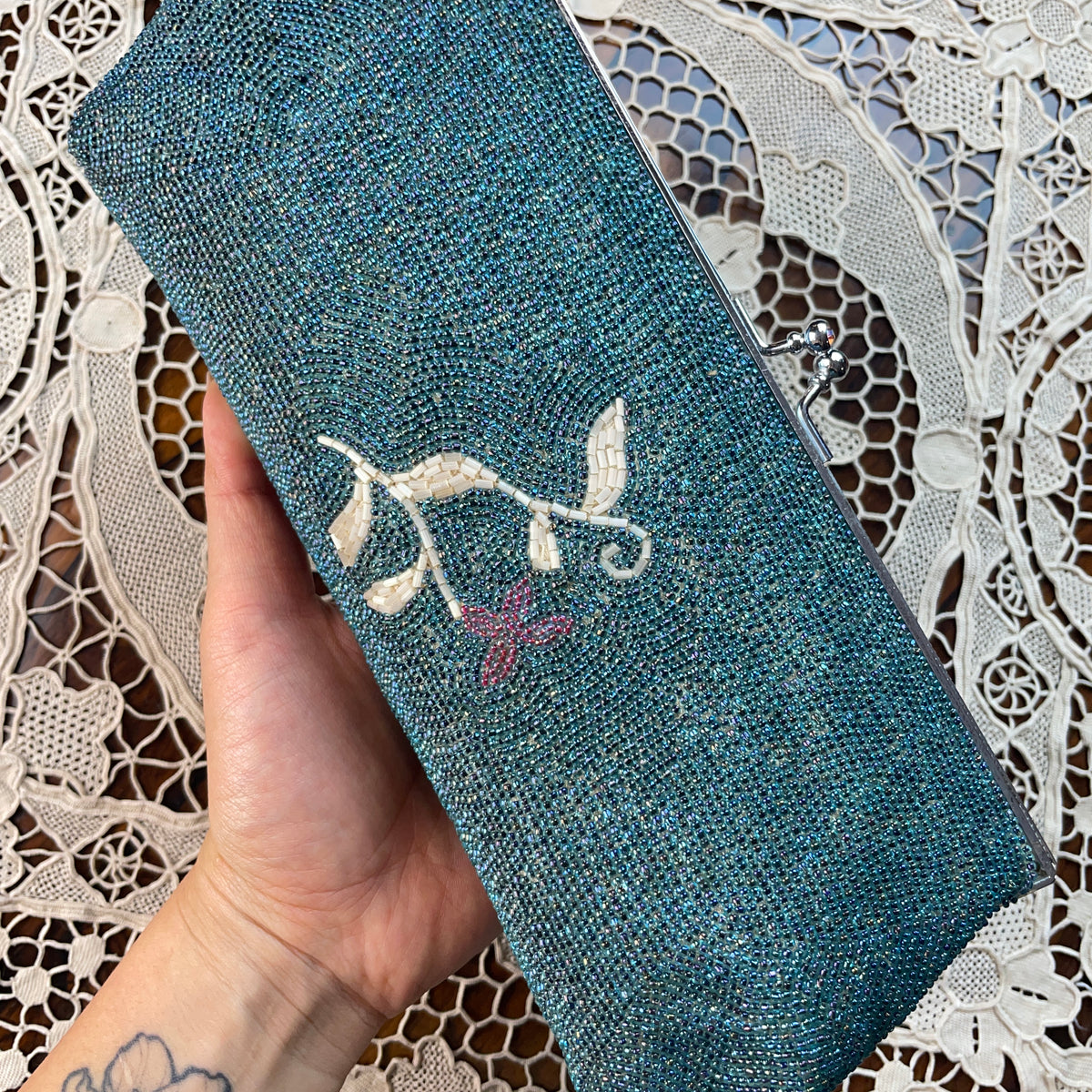 Clutch Vintage Beaded Handbag in Torquoise with Flowers