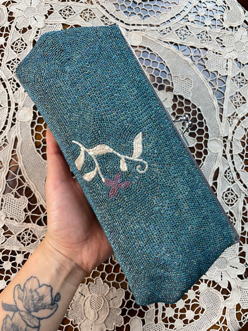 Clutch Vintage Beaded Handbag in Torquoise with Flowers