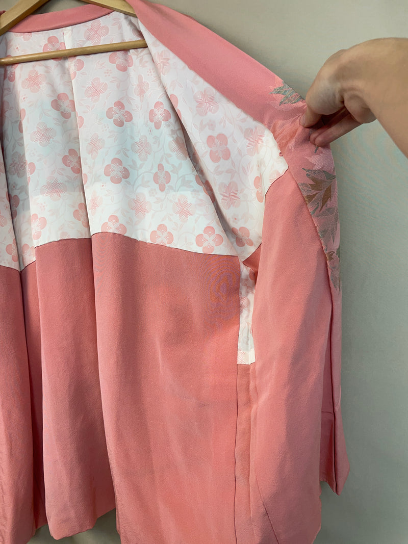 Haori Pink with Metallic Flowers Embroidered in Silk Crepe