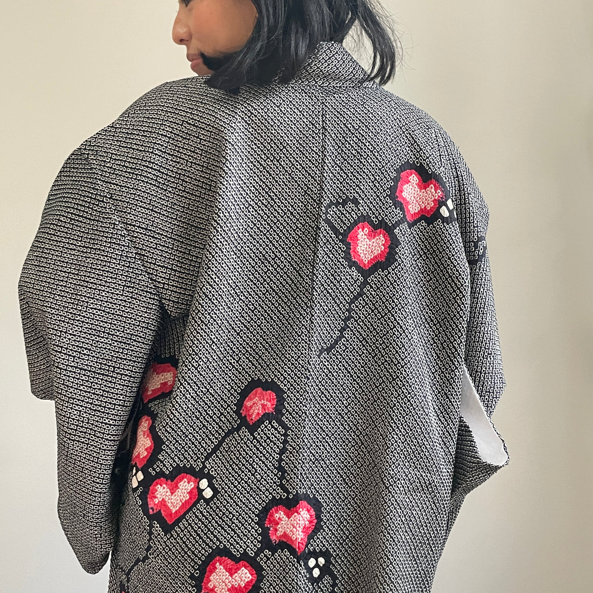 Haori Black Shibori Pink Flowers