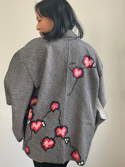 Haori Black Shibori Pink Flowers