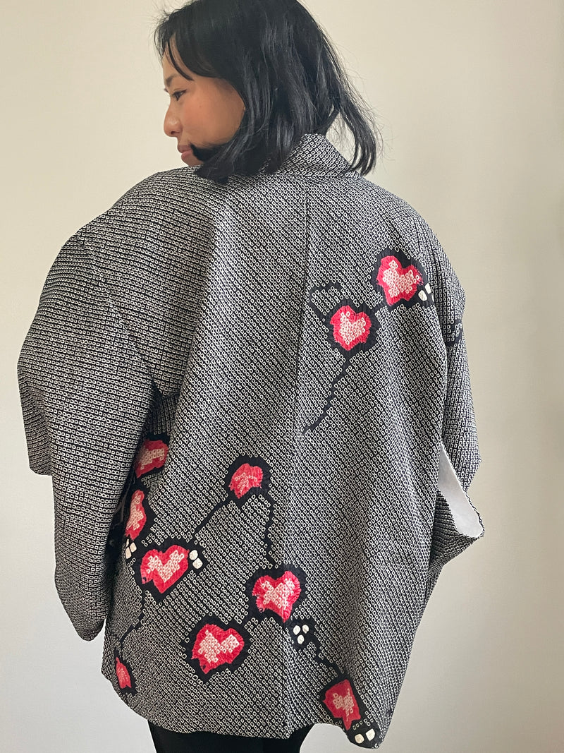 Haori Black Shibori Pink Flowers