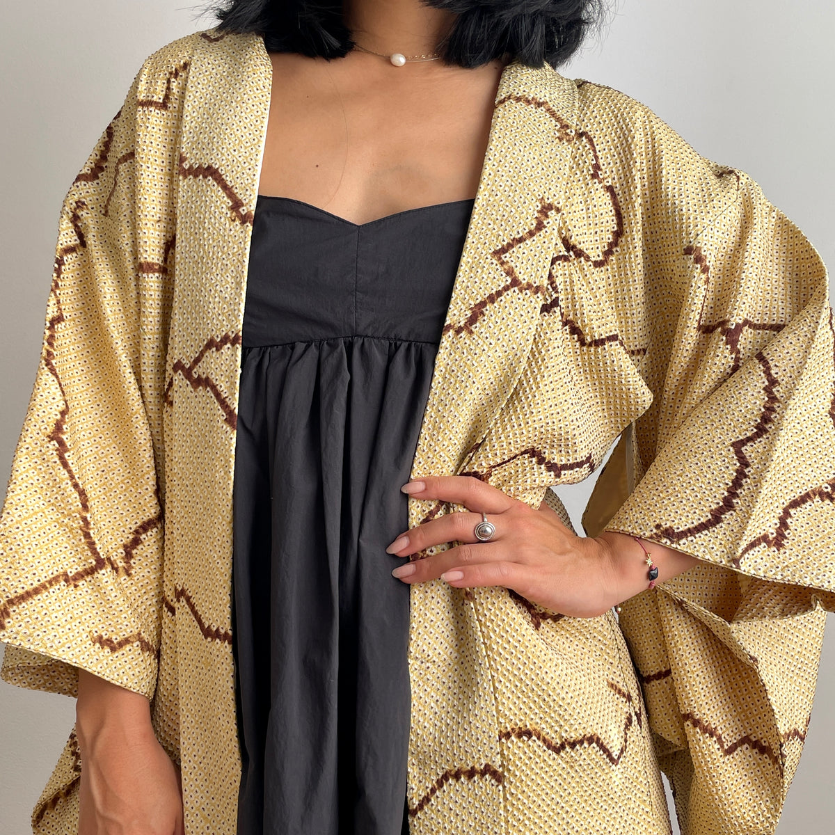 Haori Shibori Yellow with Chocolate Lines in Silk