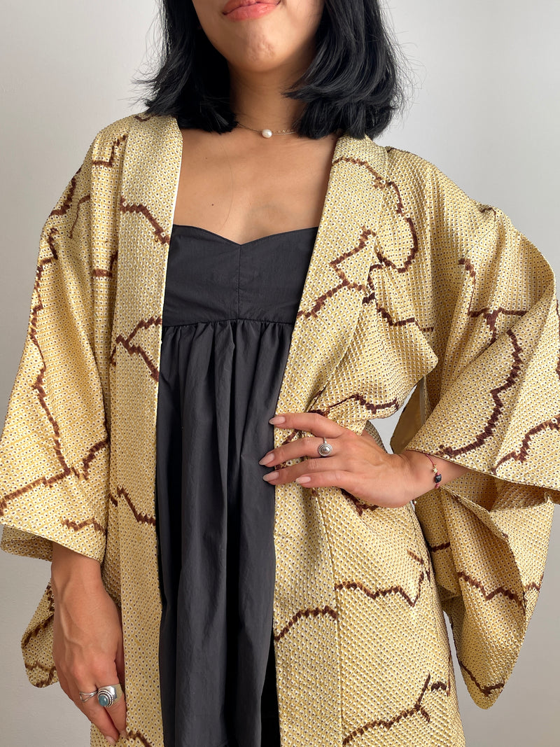 Haori Shibori Yellow with Chocolate Lines in Silk