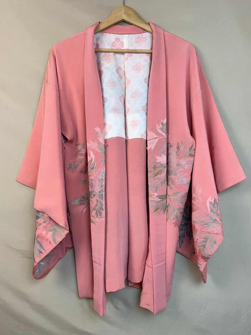 Haori Pink with Metallic Flowers Embroidered in Silk Crepe