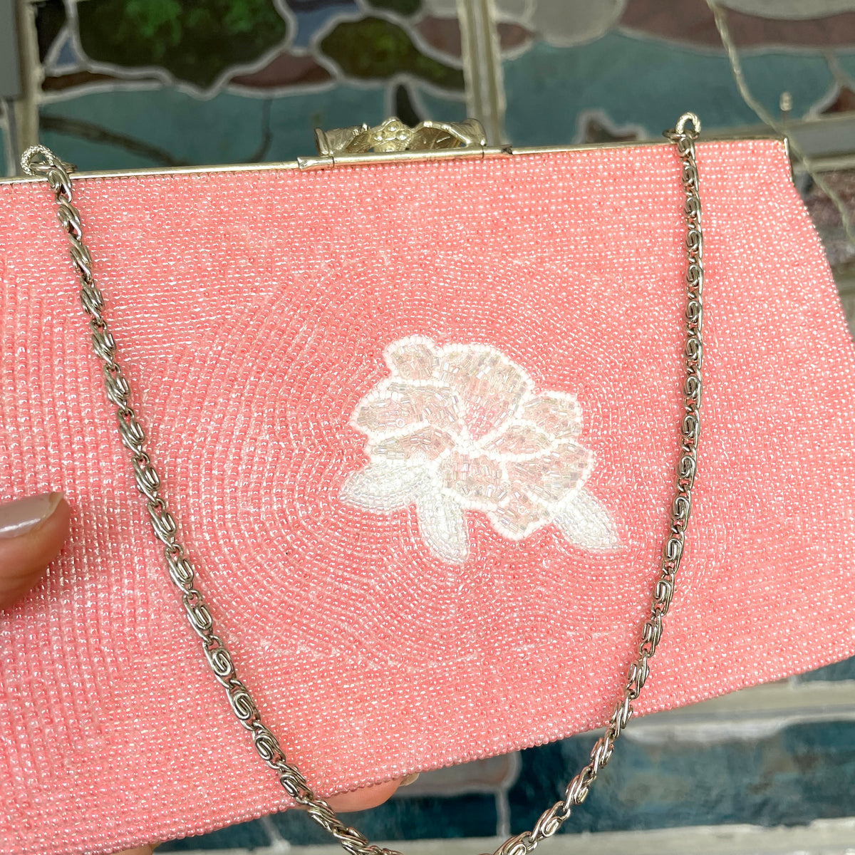 Beaded Bag Pink with white Flowers