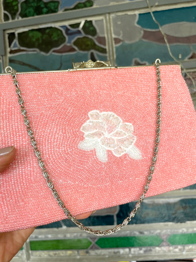Beaded Bag Pink with white Flowers